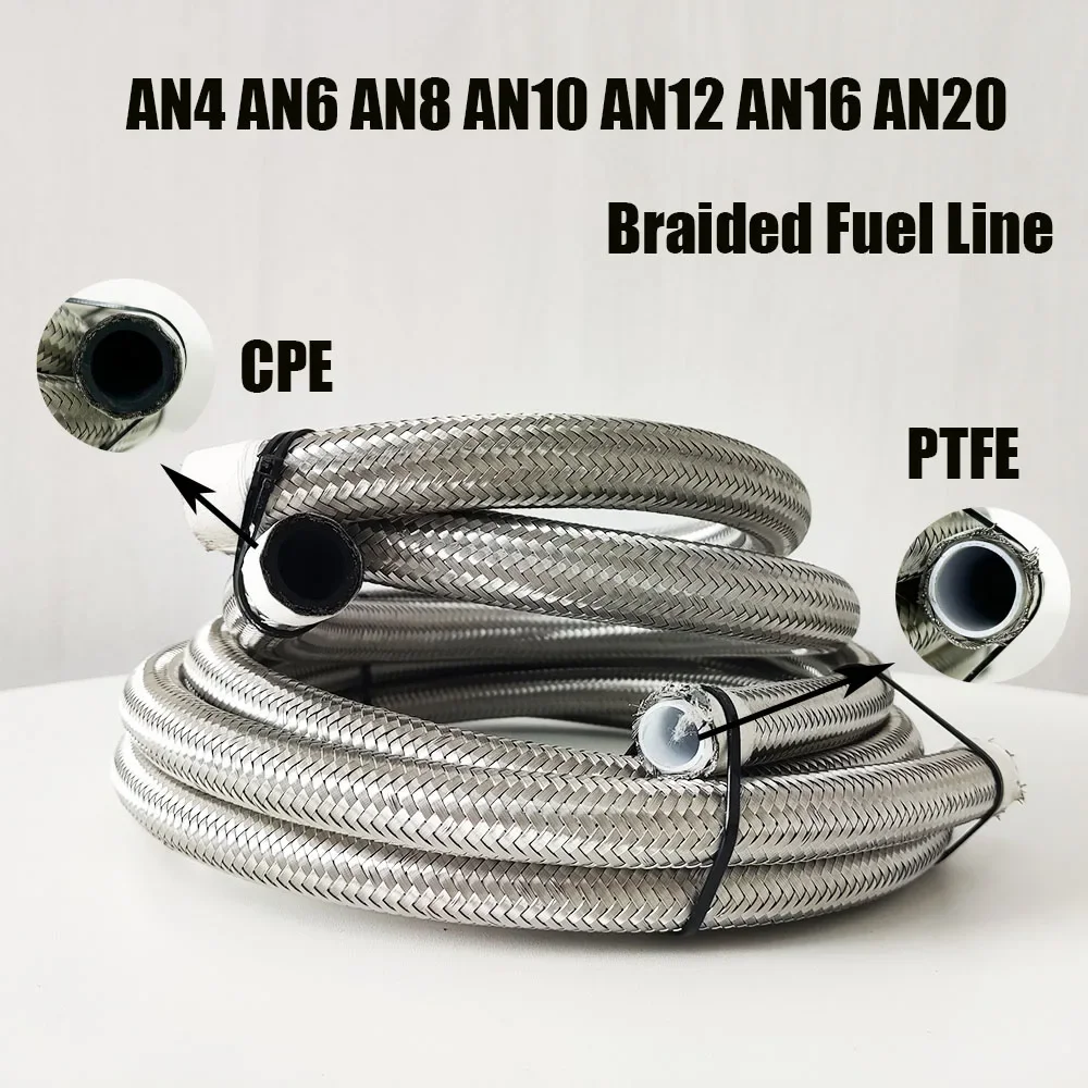 

AN4~AN20 Fuel Hose Oil Gas Cooler Hose Line Pipe Tube 304 Stainless Steel Braided PTFE Brake Hose Inside CPE Rubber Racing Hose