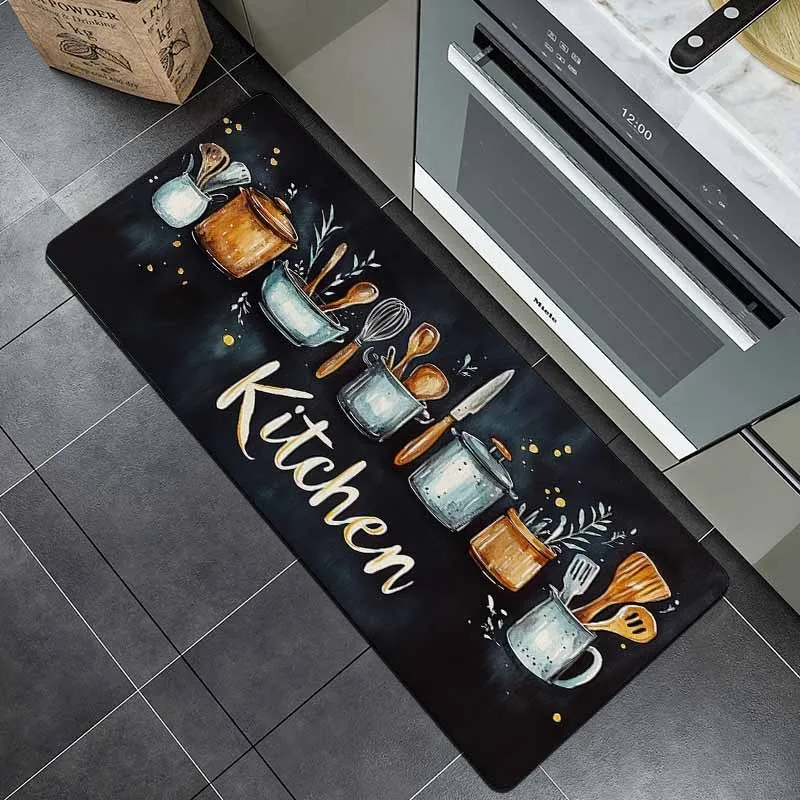 VIKAMA Schwarzer, schmutzabweisender Küchenwerkzeug-Teppich, Küchenteppich, weiche Fußmatte, Willkommensmatte, Teppich für Schlafzimmer, Teppich für Wohnzimmer, Zuhause
