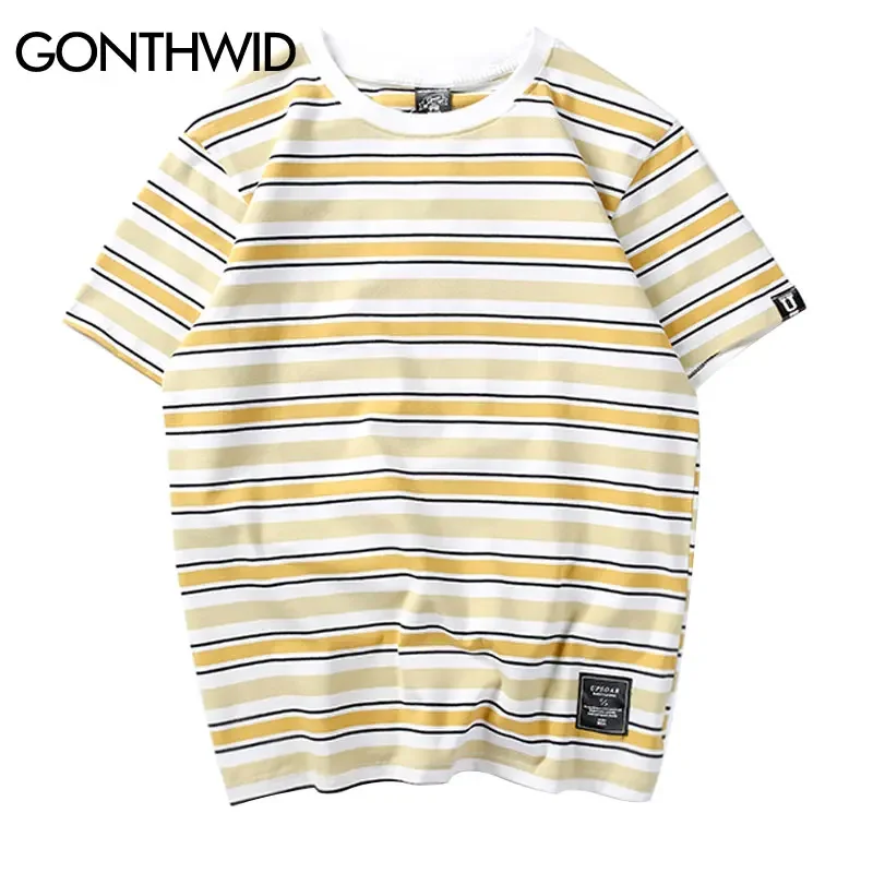 GONTHWID Harajuku Stripe T Shirts Men/Women Hip Hop Casual Cotton Short Sleeve Tops Tees Summer Fashion Tshirts Black Red Pink