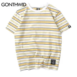 GONTHWID Harajuku Stripe T Shirts Men/Women Hip Hop Casual Cotton Short Sleeve Tops Tees Summer Fashion Tshirts Black Red Pink