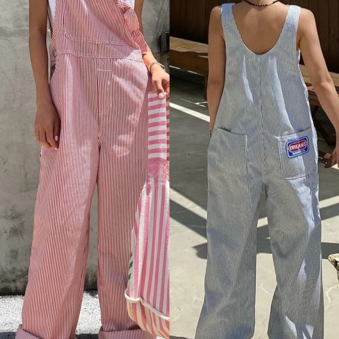 Casual Long Straight Leg Pants Women's Summer Fashion Pocket Design Stripe Pattern Multi-Functional Casual Overalls Trendy