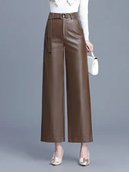 ZUZK Women PU Leather Wed Leg Pants With Belt Autumn Winter Fashion Warm Long Leather Pants Elegant LeatherTrousers Coffee Black