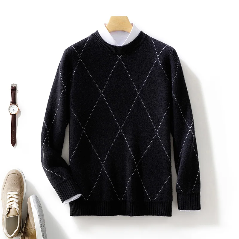 Men 100% Pure Cashmere Wool Soft Sweater O-neck Diamond Jacquard Pullover Autumn Winter Casual Thick Basis Jumper Large Size Top