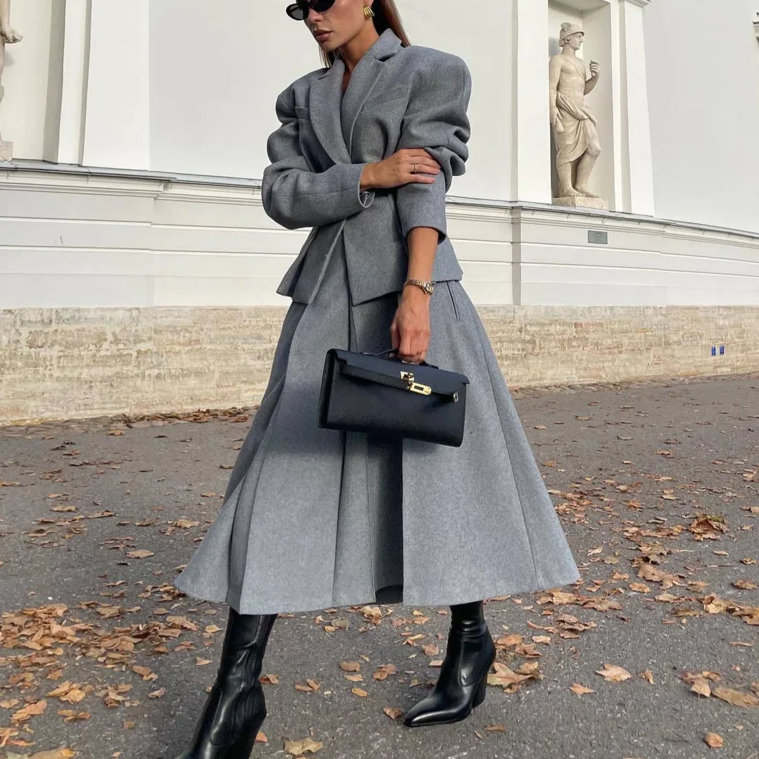 2025 Autumn Winter New Lady Office Outfits Blazer Skirts Two Piece Set Women Winter Grey Lapel Slim Fit Blazers Pleated Skirt