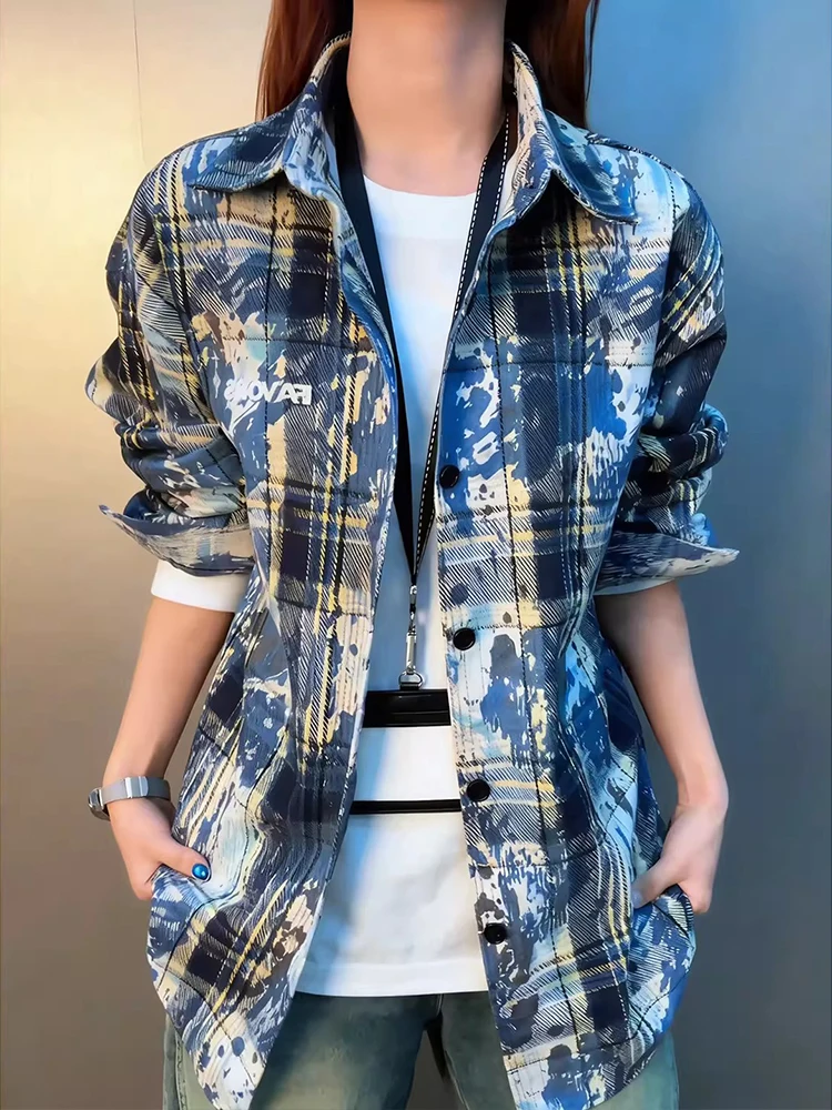 

Blue American Dyed Plaid Long Sve Men's irt Spring Autumn Trendy Vintage Couple Outerwear Casual Loose Fit Cleanfit