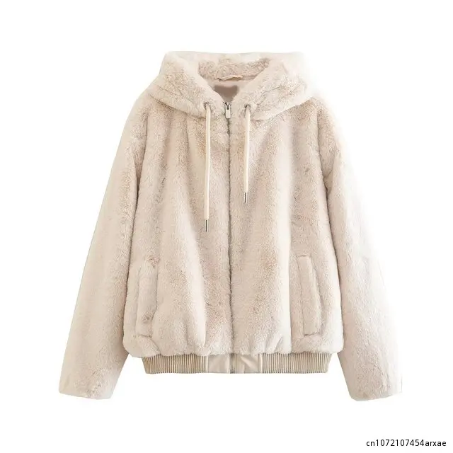 

Zipper Women 2023 New Fashion Artificial Fur Hooded Coat Vintage Long Sleeve Female Outerwear Chic Overshirt