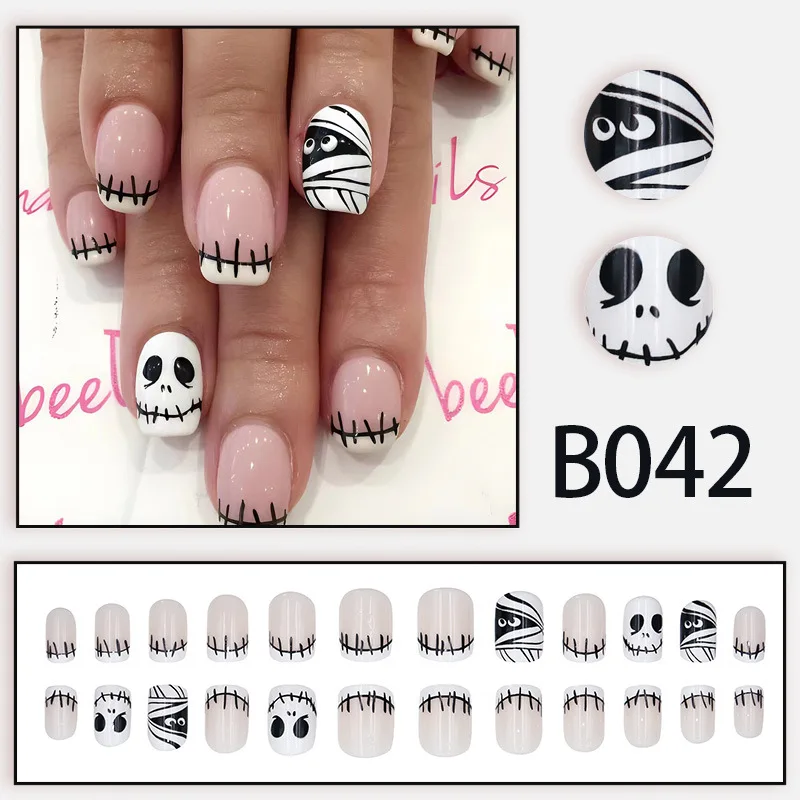 Press on Nails Halloween Medium Length Coffin Black Fake Nails Scary Mask Face Nail Tips Halloween Design 3D Glossy Acylic Nails