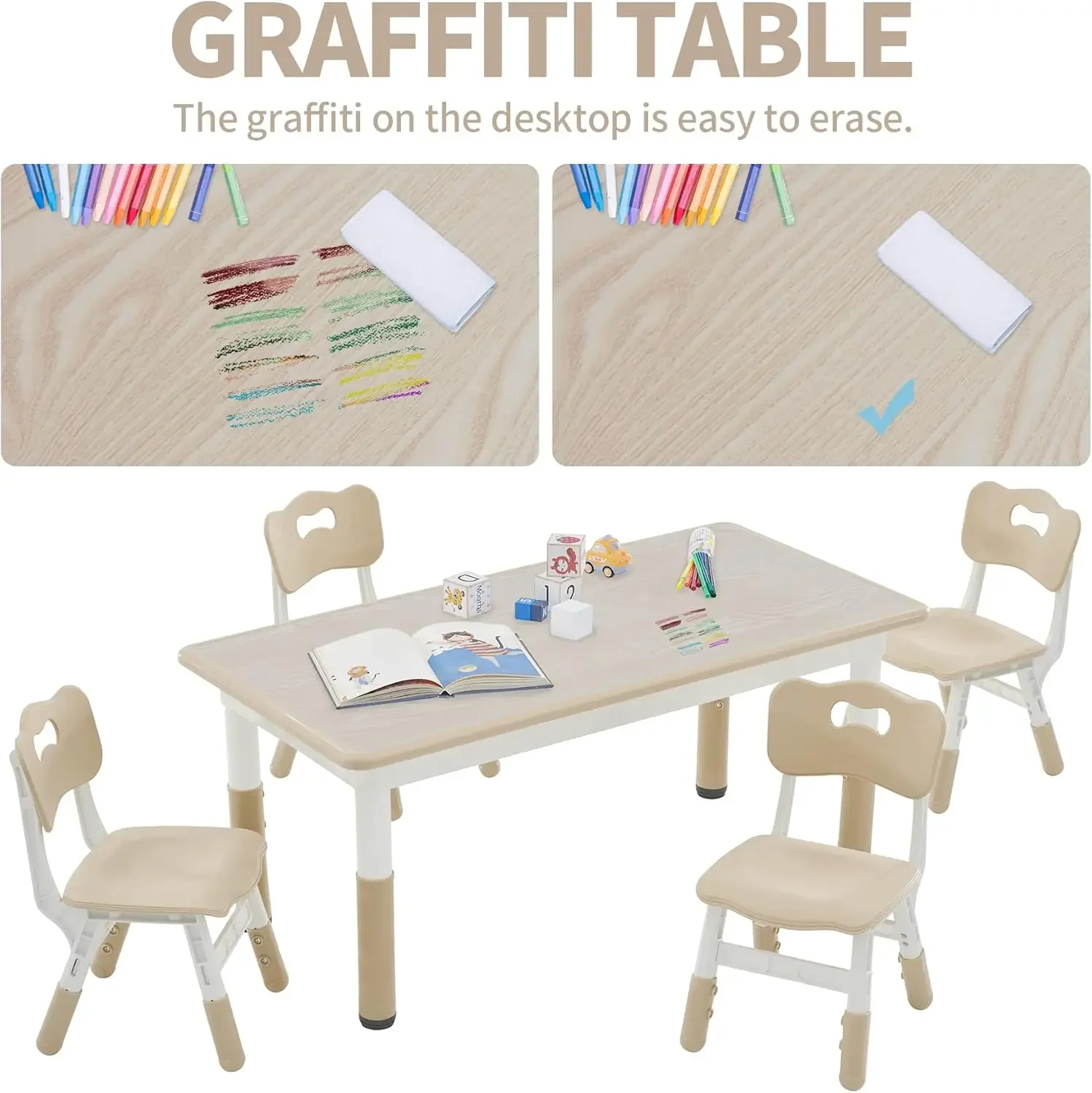 Table and Chairs Set for 4, 47.2''L x 23.6''W Kids Study Table and Chair Set, Height-Adjustable, Graffiti Desktop, Child