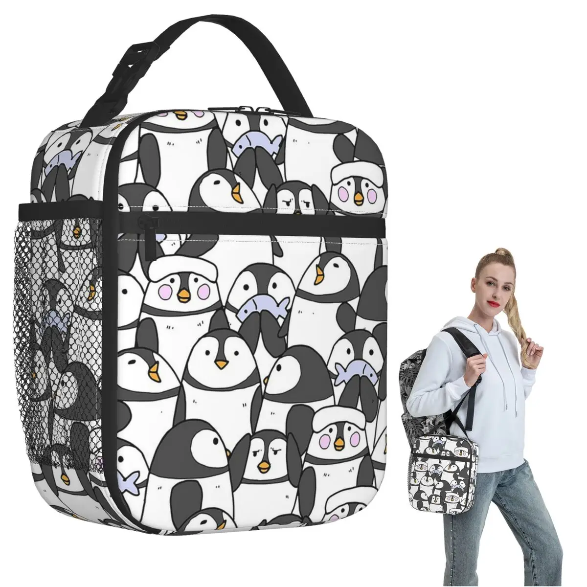 Hand Drawn Penguin Set Insulated Lunch Bag for Women Children Leakproof Food Boxes Thermal Lunch Box Tote
