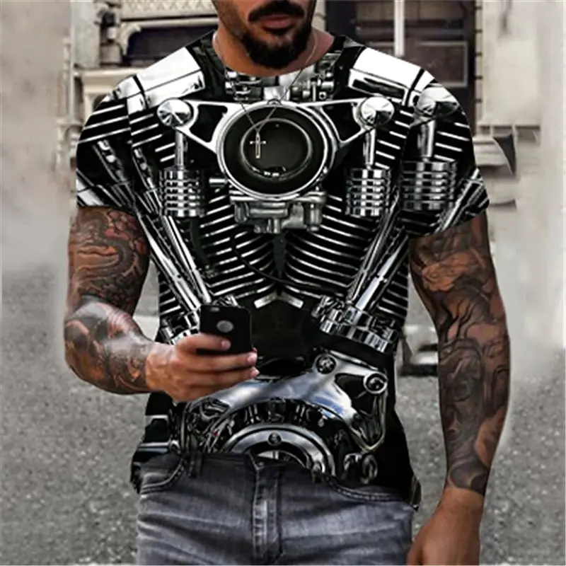 Motorcycle V Twin Engine 3D All Over Print Men Short Sleeve T-Shirt Biker Vintage Mechanical Graphic Casual Tee