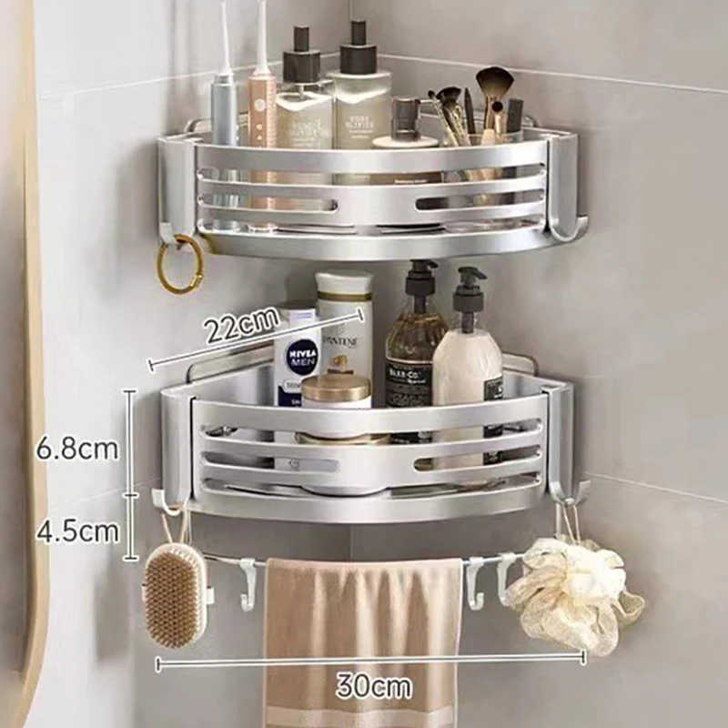 1-2PCS No Drill Bathroom Corner Shelf with Hook Towel Bar Aluminum Wall Mounted Bathroom Shelves Shampoo Rack Bathroom Organizer