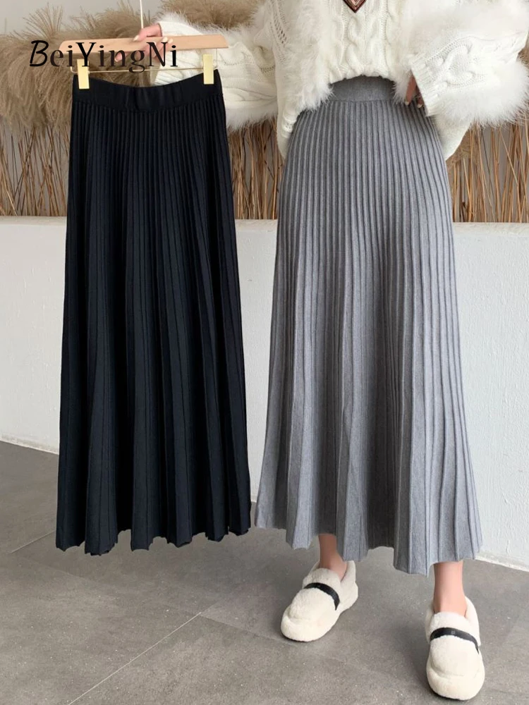 Beiyingni Women Long Maxi Knitted Skirt Autumn Winter Casual Pleated High Waist A-line Skirts 90cm 2022 Korean Fashion Faldas