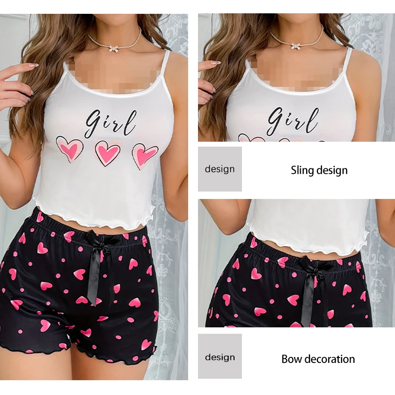 Heart-Shaped Printed Patterns Paired with Sleeveless Round Neck Suspender Top and Casual Home Shorts for Women\'s Pajama Set