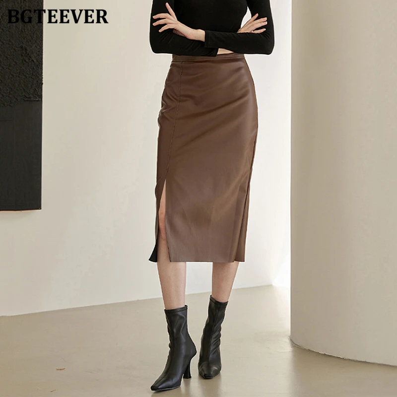 

BGTEEVER элегантные тонкие женские юбки из искусственной кожи с разрезом, осенние женские юбки с высокой талией на бедрах