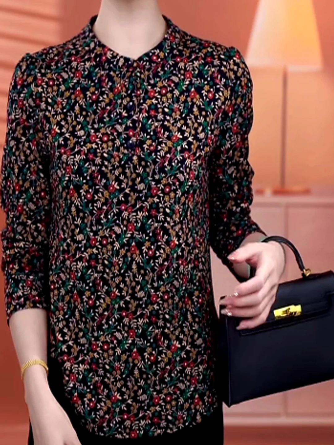 

Elegant Slimming Printed Women's Shirt Fashionable Autumn Winter New Arrival Versatile French Style Loose Fit round Neck Top