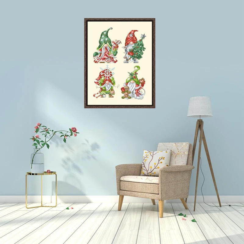 Gnomes and Christmas cross stitch kits 18ct 14ct 11ct light yellow canvas cotton thread embroidery DIY handmade needlework