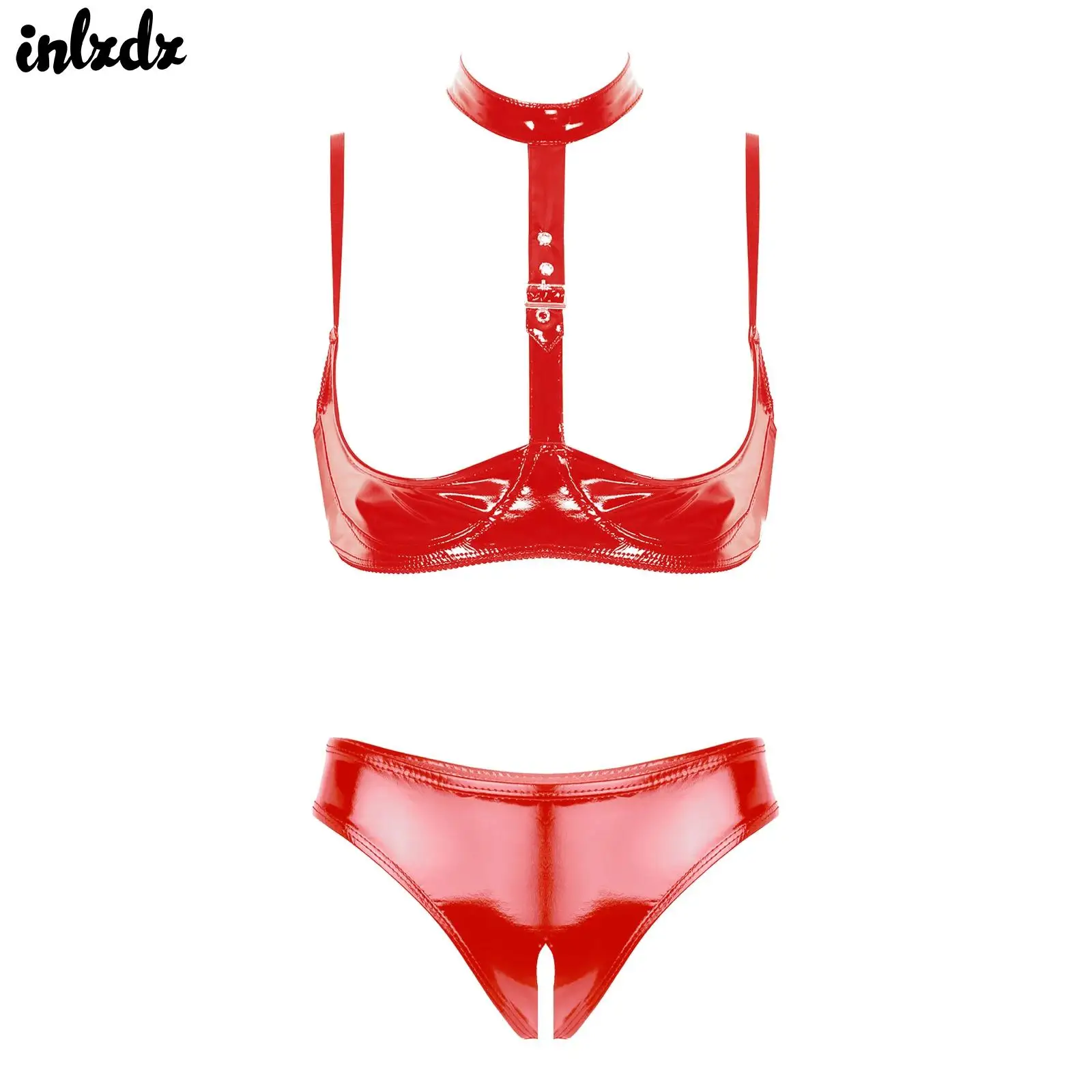 

2Pcs Womens Wet Look Patent Leather Lingerie Set Open Cups Shelf Bra Top with Open Crotch High Cut Briefs Underwear Panties