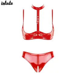 2Pcs Womens Wet Look Patent Leather Lingerie Set Open Cups Shelf Bra Top with Open Crotch High Cut Briefs Underwear Panties