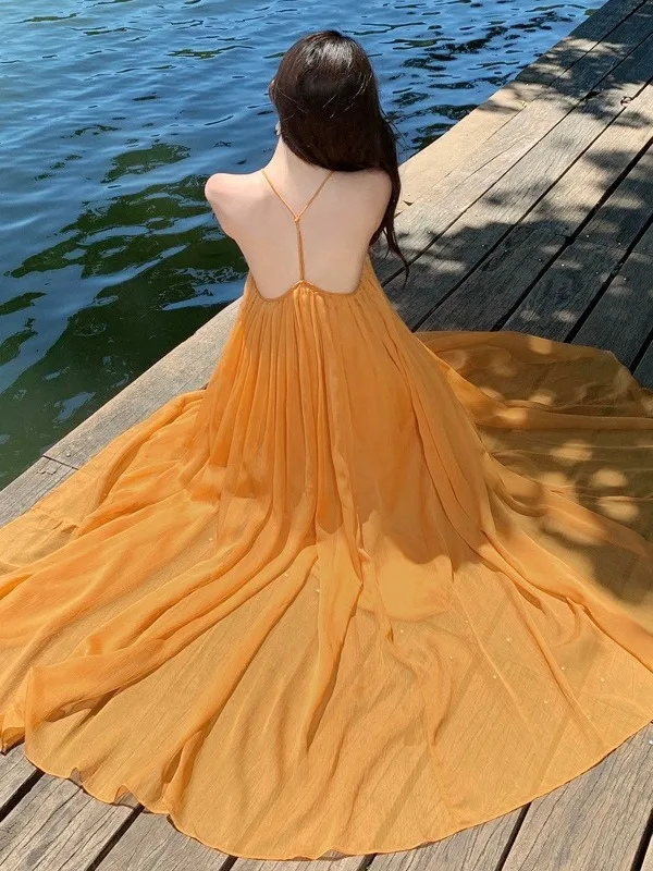 Beach Vaion Sle V-Ne Strapl Long Dr Ele Unique Fairy T Gonna Estate 2026 Abito a trapezio di lunghezza midi