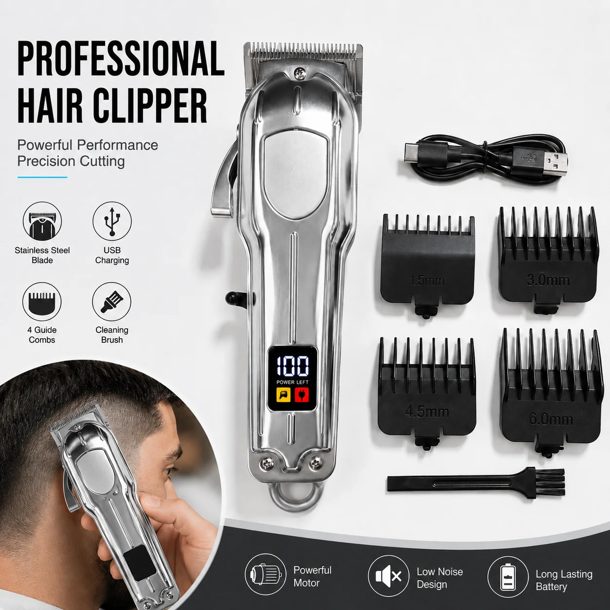 Mini Portable Electric Trimmer for Men, Small T-Shaped Wide Blade, Four Adjustable Length Combs for Trimming, Digital Power Display, Type-C Charging, Side Dial for One-Touch Start, Includes Cleaning Brush, Suitable for Fine Trimming of Short Hair, Hairline, Sideburns, and Back of the Neck, Available in Multiple Colors