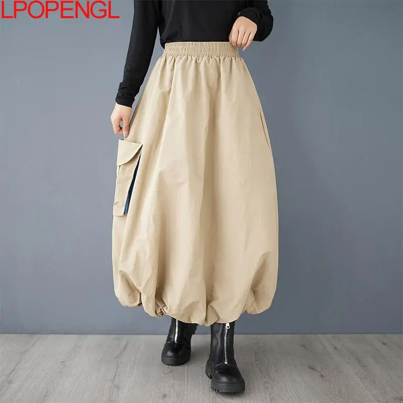 Fashion Spring And Summer Loose Casual Three-dimensional Pocket Denim Stitched Women\'s Mid-length Elastic Waist Vintage Skirt