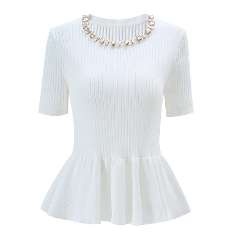Women O-Neck Beading Tops Short Sleeve Knitted Pullover Tops