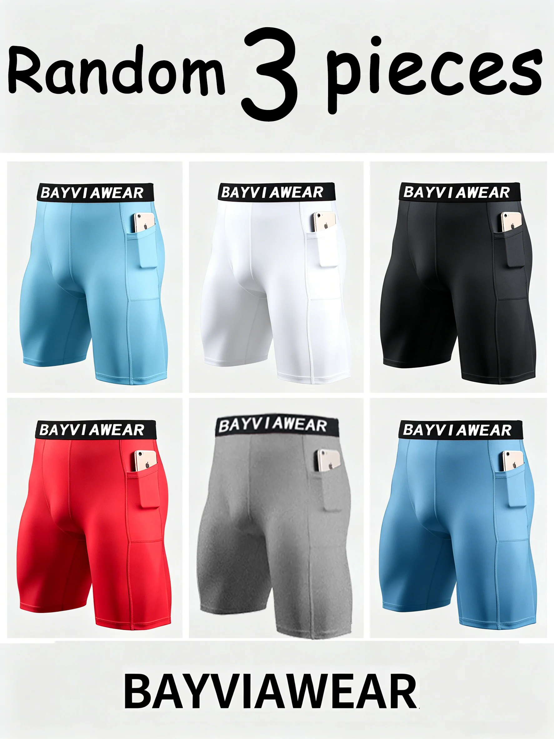 3pcs Random Sports Shorts Men Compression Running Shorts with Pocket Quick Dry Workout Gym Shorts Fitness Sport Leggings for Men