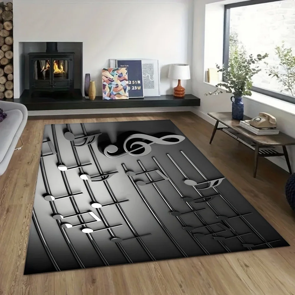 Black White Musical Notes Pattern Rug, Piano Keys Floor Mat for Music Studio Living Room, Bedroom Decor Jazz Club Style Carpet