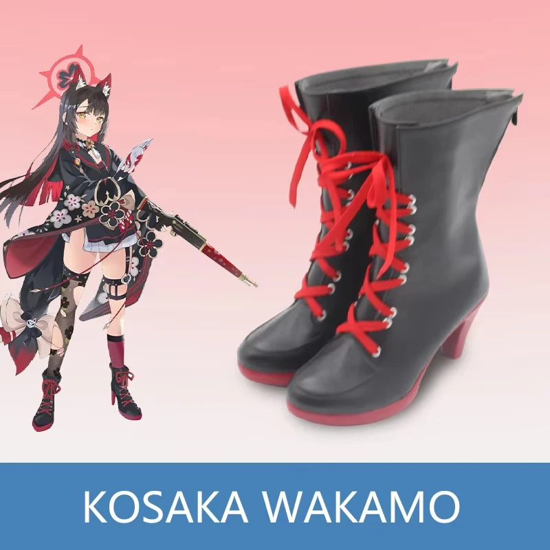 ゲームブルーアーカイブアニメーション高坂和香美コスプレ靴女性ハイヒールPUレザー赤い紐レースアップブーツ
