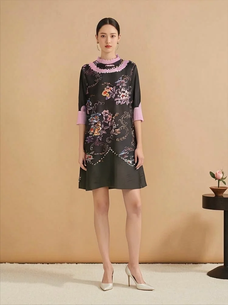 

Miyake Folds Spring New National Tide Style New Chinese Dress Fashionable Loose Large Size Printing Thin Medium and Long Dress