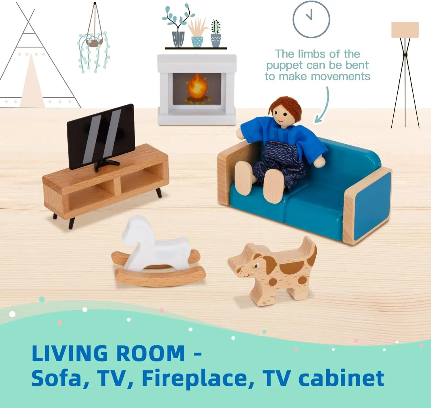 Puppenhaus aus Holz für Kinder, Puppenhaus mit simuliertem Luxusmöbelset, Puppenhaus-Spielset für Mädchen und Kleinkinder (einschließlich 4 Fam).