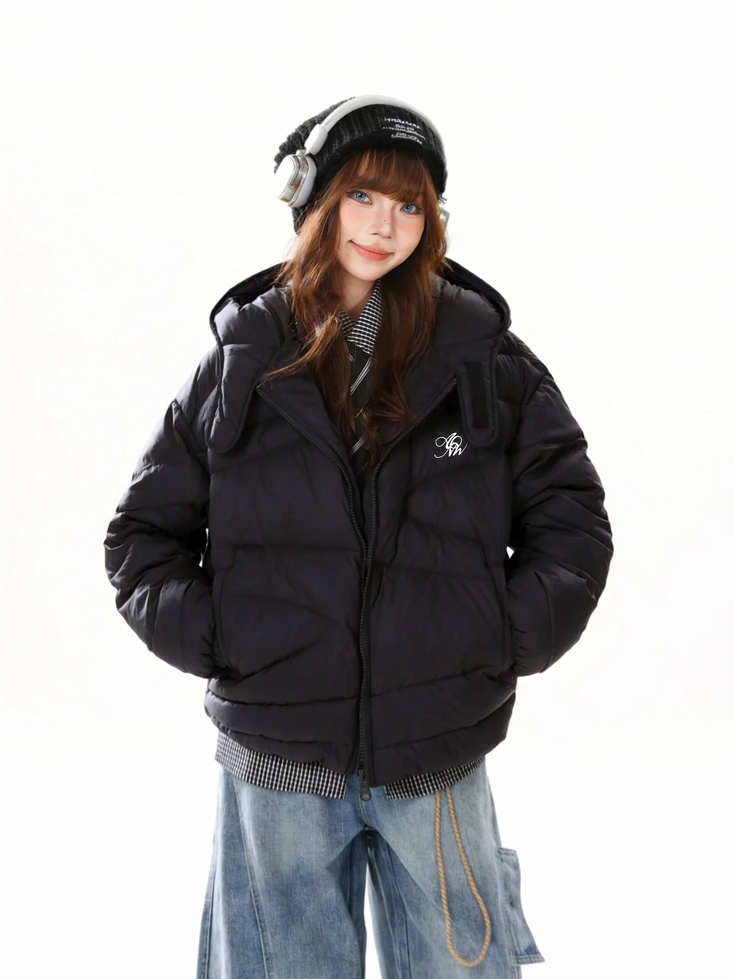 

Winter Women's Loose Fit Du down Jaet Hooded Letter Print 90% White Du Feather Warm Long Sve Zipper Closure Coat