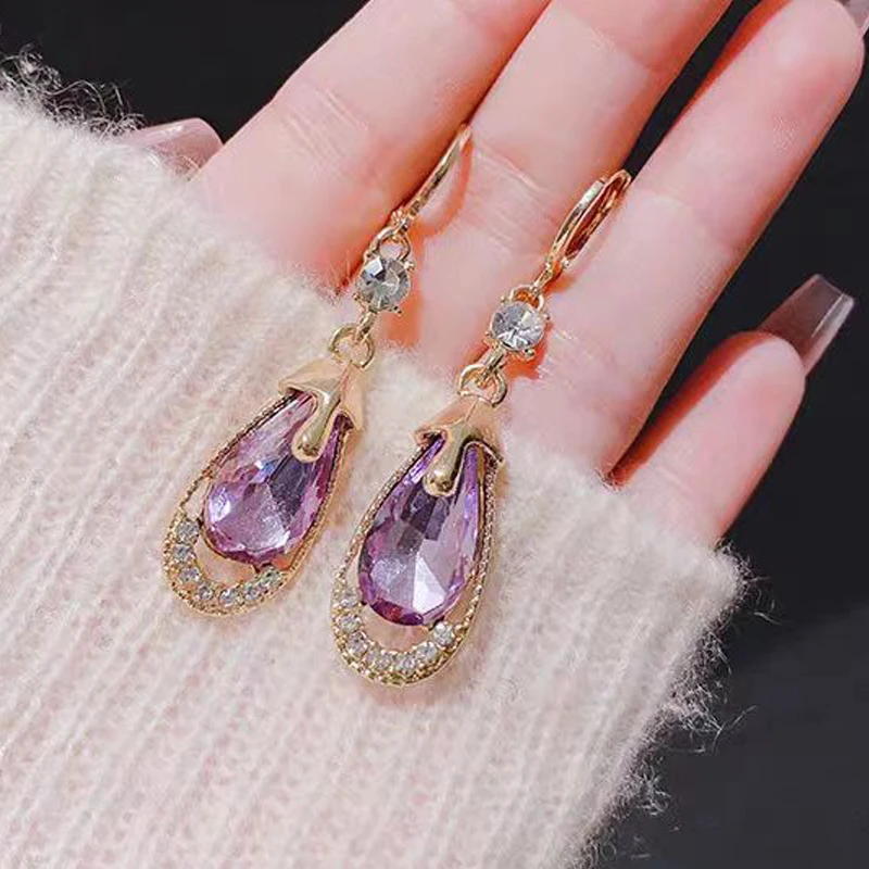 Purple Water Droplet Crystal Dangle Earrings for Women Trendy Round Circle Long Drop Earrings Party Elegant Geometry Jewelry