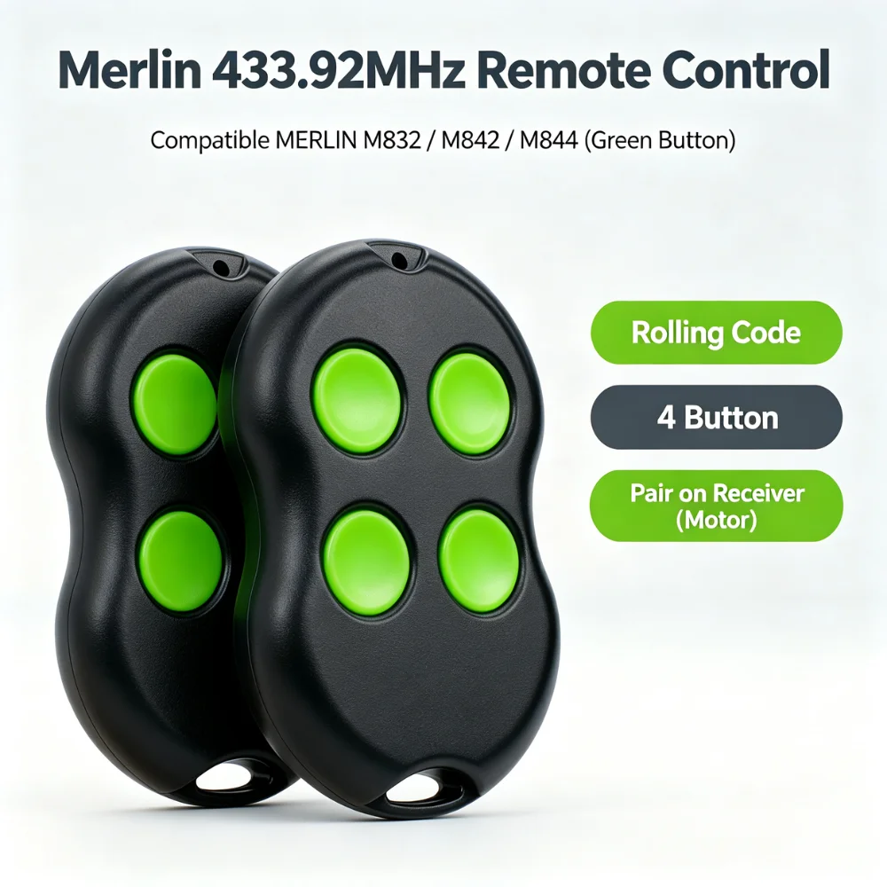 for Merlin M832 M842 M844 Prolift 230T 430R Green Garage Door Remote Control System 433MHz Rolling Code Controller Opener