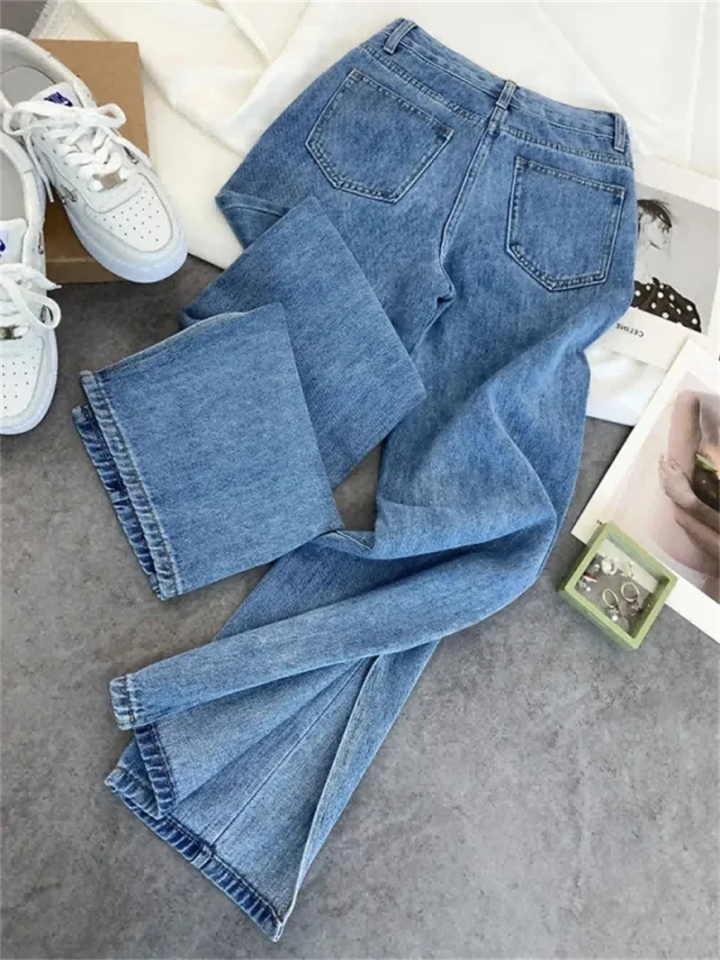 2023 New Fashionable Elastic Waist Split High Waist Wide Leg Jeans with Skin Covering Slim Straight Tube Trousers Floor Towers