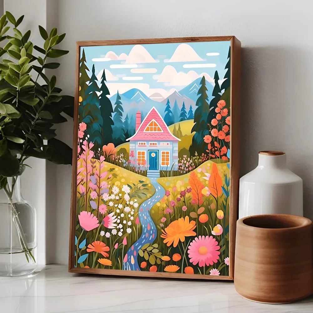 ملصق منظر طبيعي ملون ، زهور ، جبل ، بحيرة ، فن جداري عالي الجودة ، ملصقات عتيقة لديكور المنزل والغرفة ، السفر