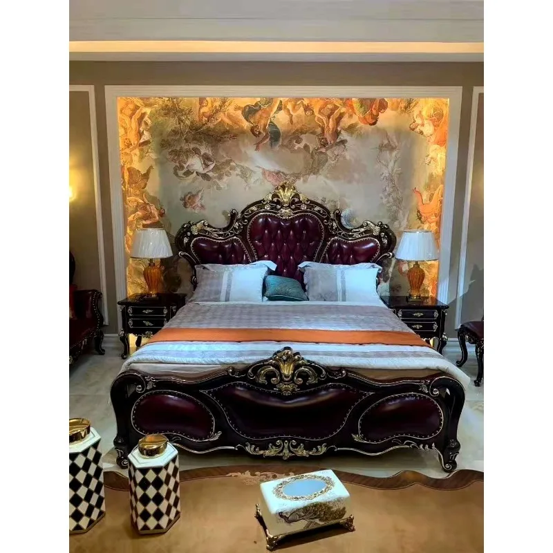 Carved King Size Solid Wood Bed Classic Antique European Buttles Royal Luxury for Bedroom or Room Furniture for Hotel Villa