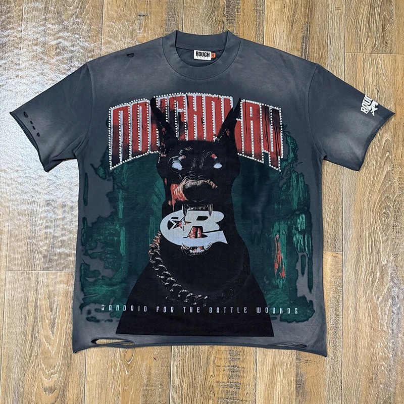 2026 New Rough Play Men T-Shirt Washed Fade Jungle Background Doberman Logo Print Hip Hop Top