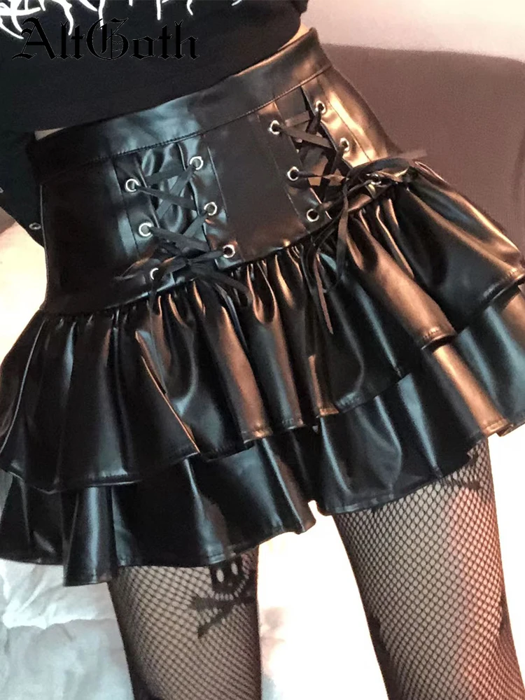 

AltGoth Harajuku Dark Goth Pu Skirt Women Streetwear Vintage Bandage High Waist Mini Skirt Y2k Mall Gothc Aesthetic Emo Clubwear