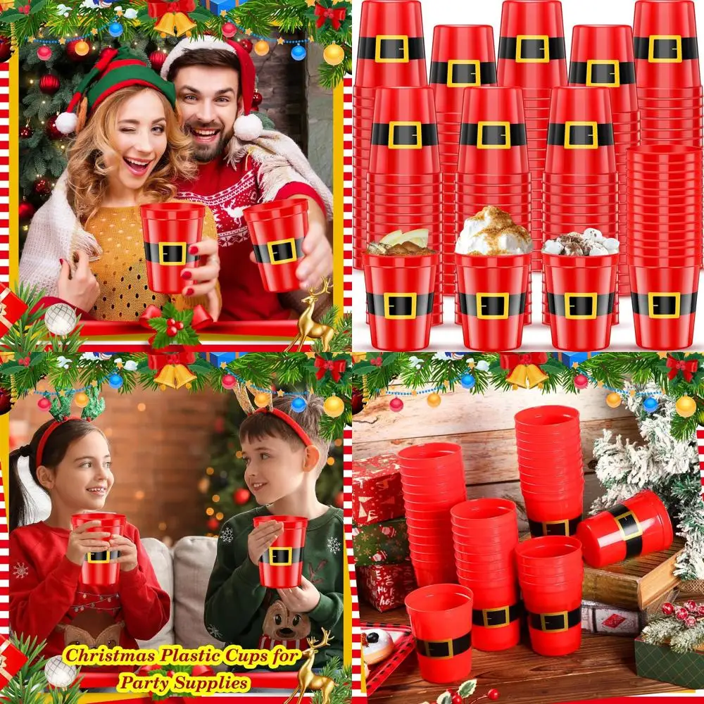

100 Pack 16 oz Reusable Plastic Christmas Cups with Santa Design for Holiday Parties and Parades