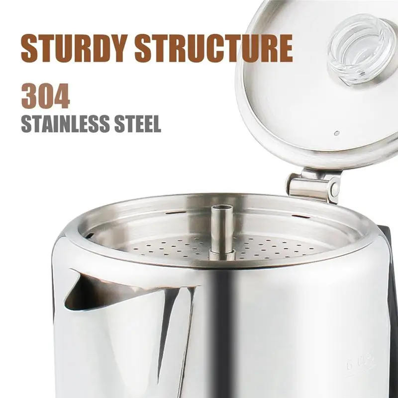 AEE4-Multi Use Percolator Coffee Pot With Heat Resistant Glass Knob & Silica Gel Handle, For Indoor Induction Cooktop, 6 Cup