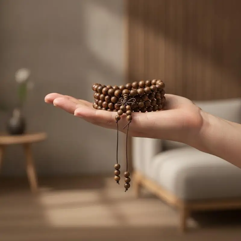 Natural Wood 108 Mala Beaded Bracelet Smooth Finish Mild Fragrance For Meditation Yoga Daily Wear