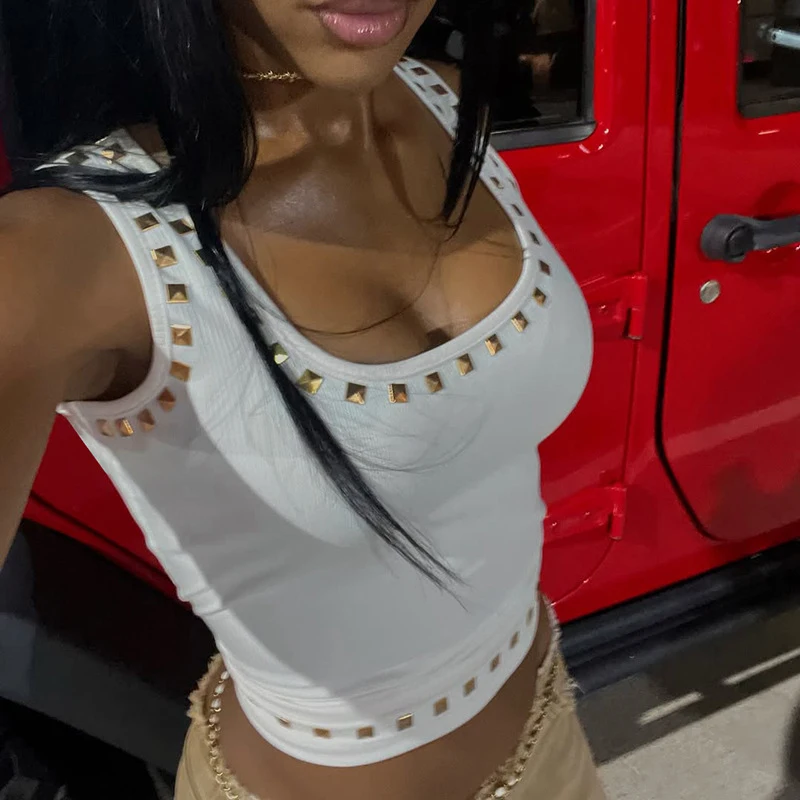 BKLD 맞춤형 트렌드 메탈 스퀘어 라인스톤 스트랩 오프 숄더 백리스 슬림 섹시한 리브 탱크 탑 여성 캐주얼 클럽 streetwear