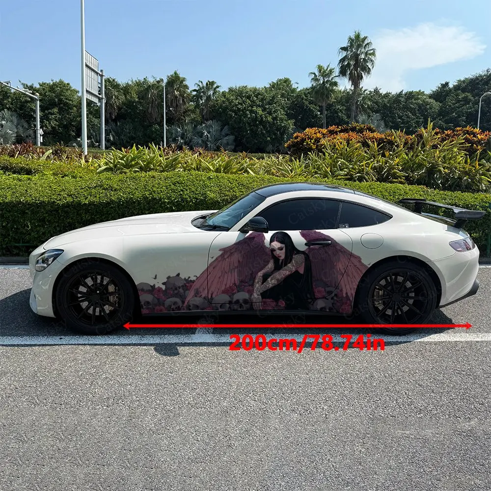 2pcs Edgy Sleeping Beauty Skull Rose Car Side Wrap, Self-Adhesive PVC Waterproof & Scratch-Resistant Sticker, Car Accessory Gift