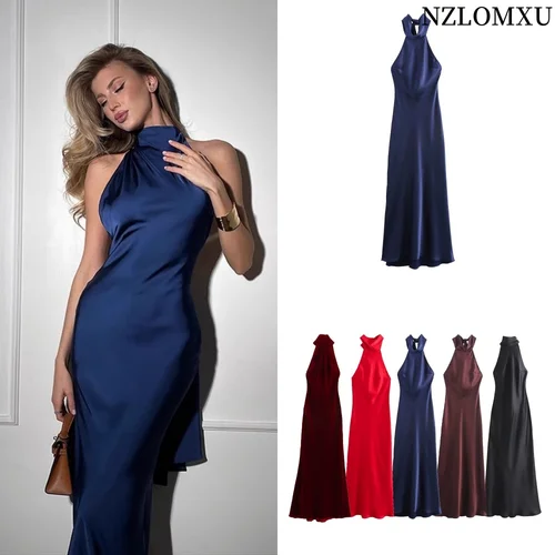 2025 nuevo vestido femenino sólido sin mangas sin espalda ajustado cremallera vestidos largos de verano elegante mujer vestido con cuello Halter