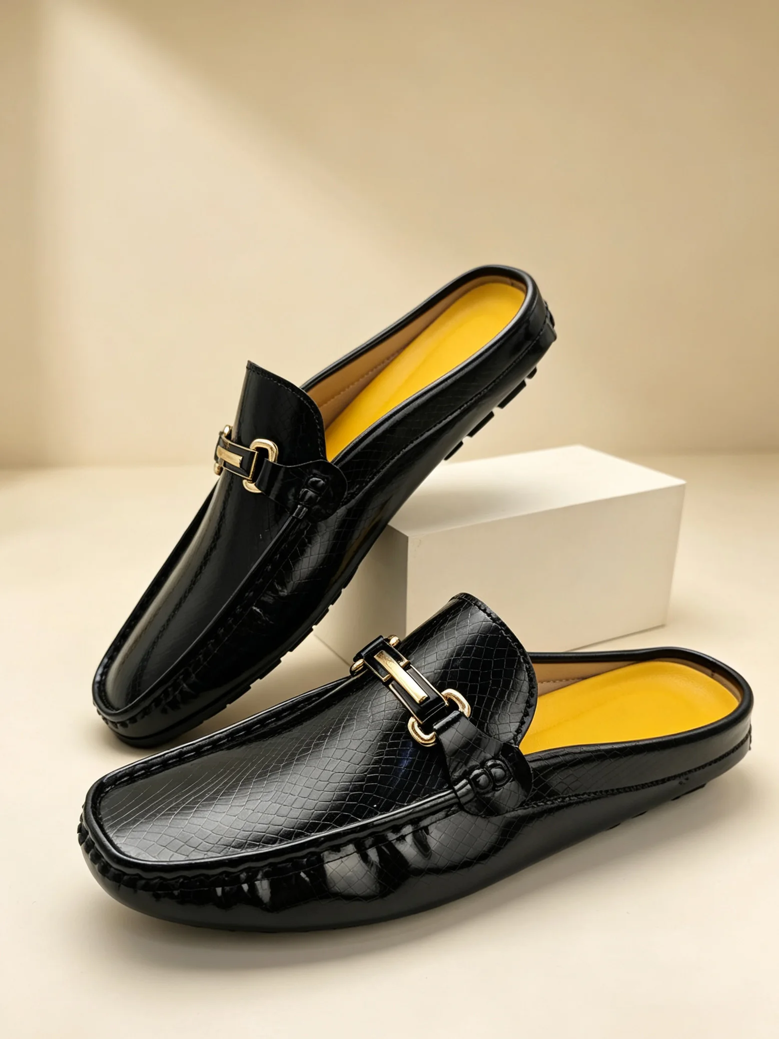 2026 Summer Mules Half Shoes Patent Leather Mens Semi-Drag Casual Shoes Backless Loafers Slippers Male Slides Large Size 40-46