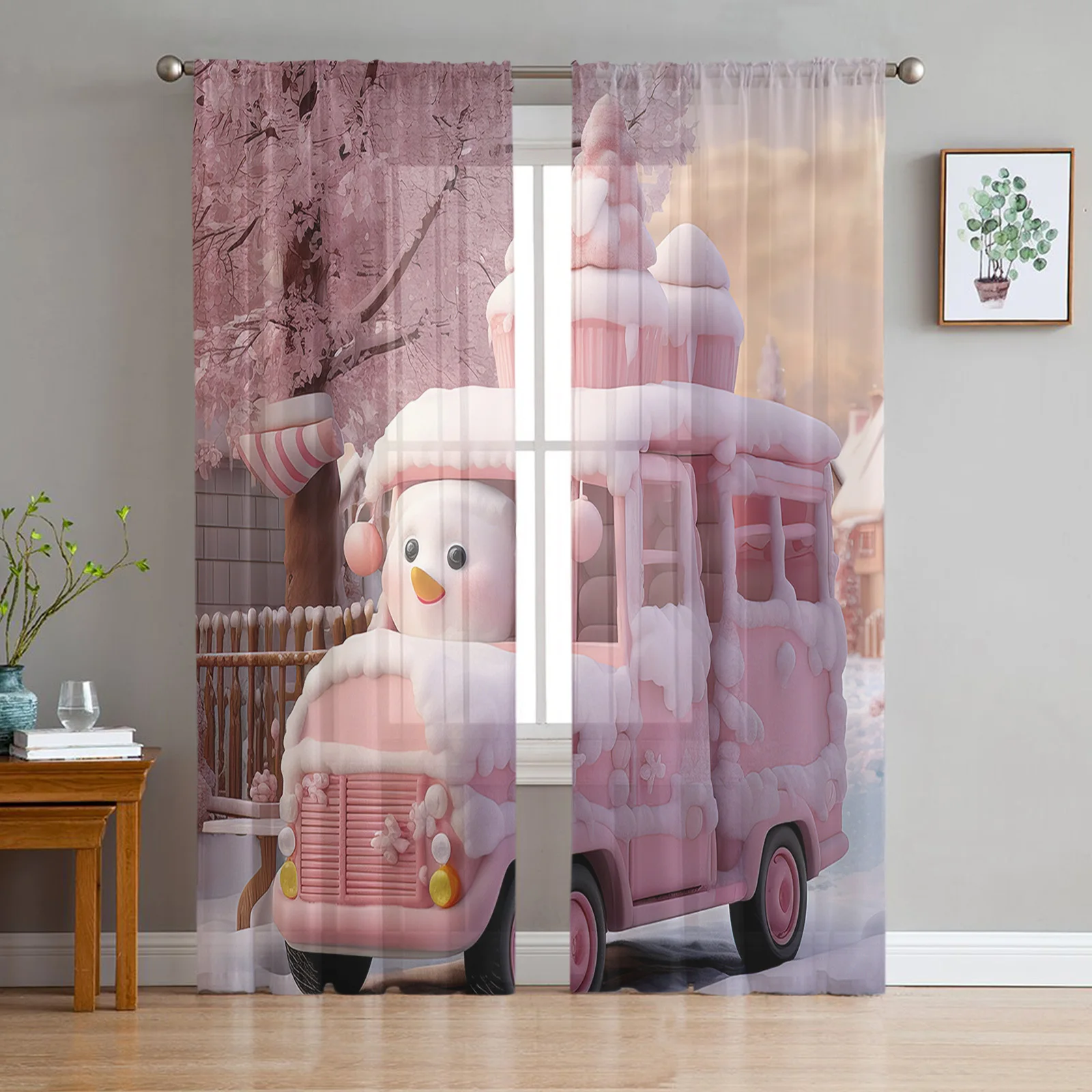 Christmas Snowman Snow Scene Car Sheer Curtains Christmas Home Decorations Window Tulle Curtains for Living Room Bedroom