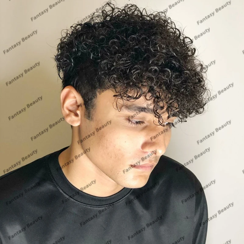 Tupé de pelo humano rizado para hombre, 12mm, rayita Natural, piel completa, Base de PU, sistema de prótesis capilar, negro azabache, alta calidad