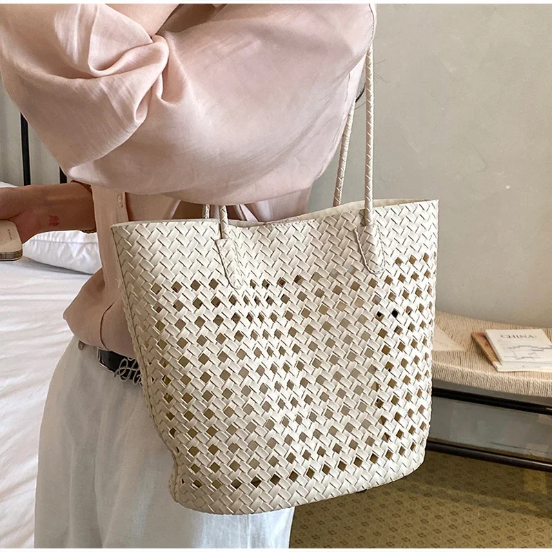 Rattan-Geflochtene Hohle Schultertasche mit Passender Geldbörse, Sommer-Shopper für Markt, Strand und Pendeln, Leichte Handtasche mit Offener Webung – Detail 8