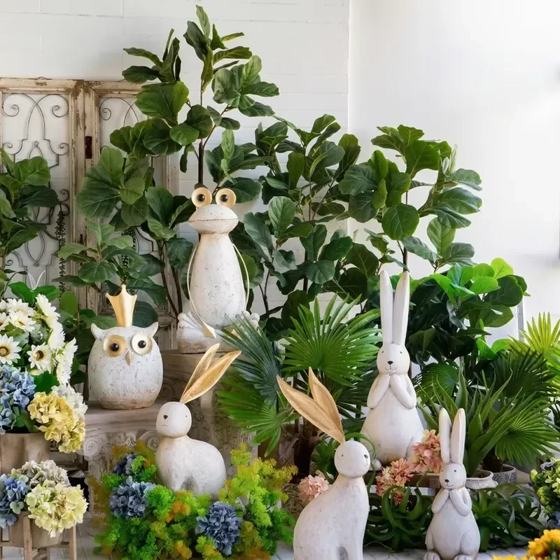 White Magnesium Alloy Rabbit Statue 13.8x6.1x20.9 Inch with Gold Iron Ears Garden Lawn Ornament Sculpture for Outdoor Decor